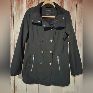 Calvin Klein Womens Large Black Coat With Silver Buttons MISSING BELT & HOOD